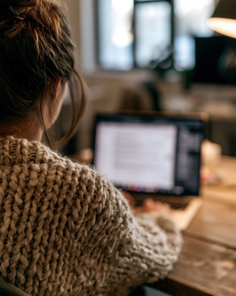 Over the shoulder of a person in a chunky knit working at a laptop